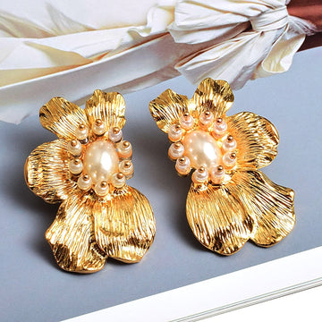 Flower-Shaped Metal Simulated Pearl Drop Earrings - SunsetFashionLA